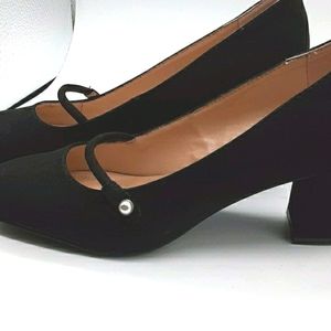 Womens Dressy Casual Velvet 3" Block Heel Size 10 Black Shoes Pumps Strap Pearl